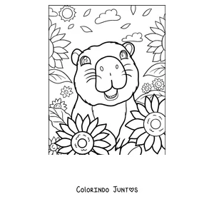 Desenho para colorir de uma capivara entre girassóis