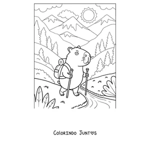 Desenho para colorir de uma capivara na trilha com mochila na montanha