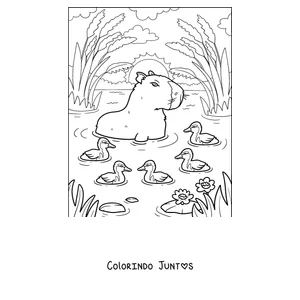 Desenho para colorir de uma capivara nadando com patinhos