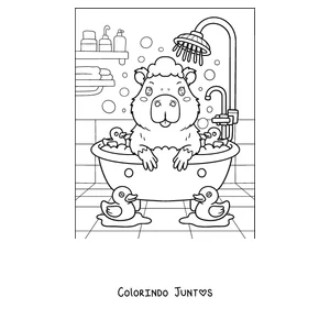 Desenho para colorir de uma capivara no banho de espuma com patinhos de borracha