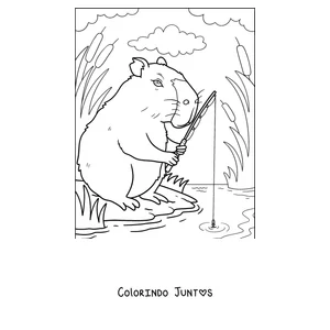 Desenho para colorir de uma capivara pescando na beira do rio