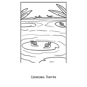 Desenho para colorir de um caracol ao lado de um lago com vitórias-régias