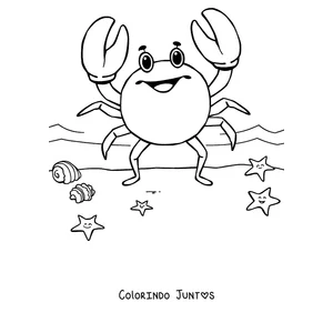 Desenho para colorir de um caranguejo sorridente em pé entre estrelas do mar