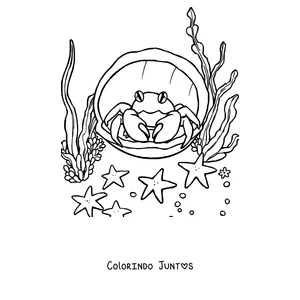 Desenho para colorir de um caranguejo espiando de dentro de uma concha do mar