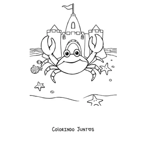 Desenho para colorir de um caranguejo na praia ao lado de um castelo de areia