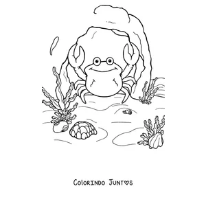 Desenho para colorir de um caranguejo no fundo do mar entre algas e conchas