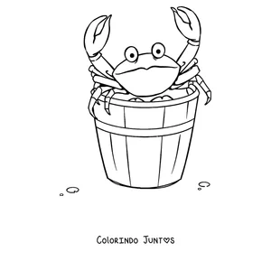Desenho para colorir de um caranguejo saindo de um balde de praia