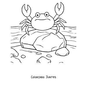 Desenho para colorir de um caranguejo sobre uma rocha na beira do mar