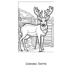 Desenho para colorir de um cervo de grandes chifres junto a uma cerca