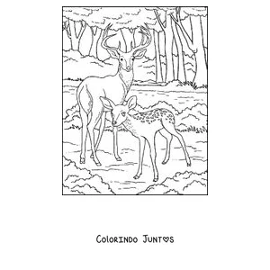 Desenho para colorir de um cervo e um filhote na floresta