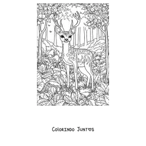 Desenho para colorir de um cervo entre a vegetação da floresta