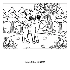 Desenho para colorir de um cervo filhote com manchas na floresta
