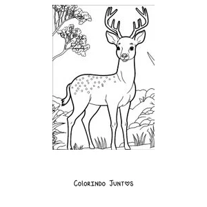 Desenho para colorir de um cervo jovem com manchas entre as árvores