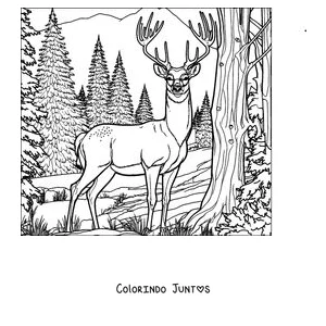 Desenho para colorir de um cervo na floresta de pinheiros
