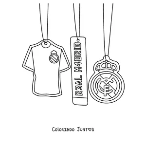 Desenho para colorir de três pingentes do Real Madrid: uma camisa, uma placa e o escudo