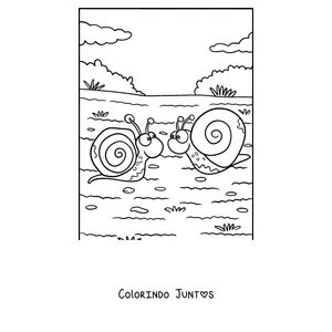 Desenho para colorir de dois caracóis se encontrando no caminho
