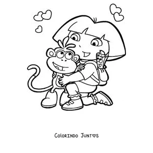 Desenho para colorir da Dora Aventureira abraçando o Botas com um sorvete