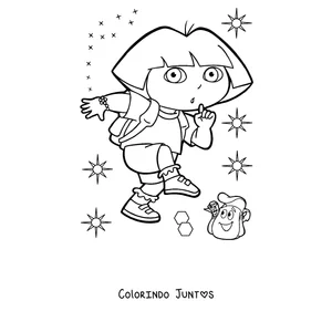 Desenho para colorir da Dora Aventureira com a sua mochila entre estrelas