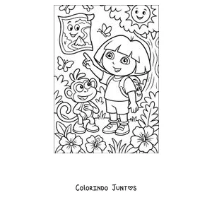 Desenho para colorir da Dora Aventureira apontando para o Mapa ao lado do Botas