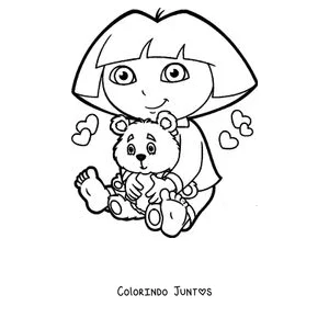 Desenho para colorir da Dora Aventureira abraçando um ursinho de pelúcia