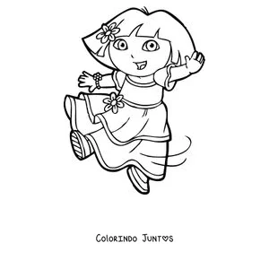 Desenho para colorir da Dora Aventureira dançando com uma flor no cabelo