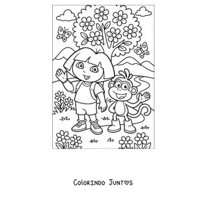 Desenho para colorir da Dora Aventureira e do Botas num campo de flores