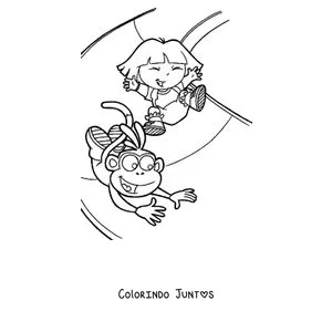 Desenho para colorir da Dora Aventureira e do Botas se balançando num cipó