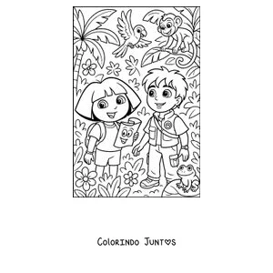 Desenho para colorir da Dora Aventureira e do primo Diego na selva