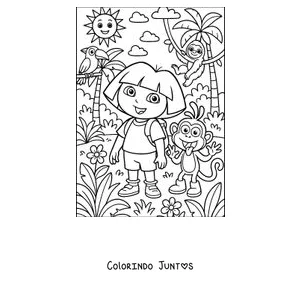 Desenho para colorir da Dora Aventureira explorando a selva com um papagaio