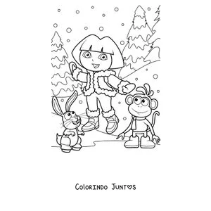 Desenho para colorir da Dora Aventureira na neve com o Botas e um coelho