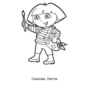 Desenho para colorir da Dora Aventureira pintando com uma paleta e um pincel