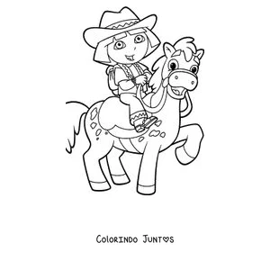 Desenho para colorir da Dora Aventureira vestida de vaqueira montando a cavalo