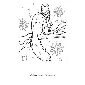 Desenho para colorir de um esquilo com cachecol num galho com neve