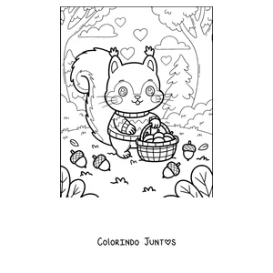 Desenho para colorir de um esquilo de suéter com uma cesta de bolotas