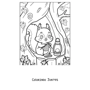 Desenho para colorir de um esquilo no buraco de uma árvore ao lado de um lampião
