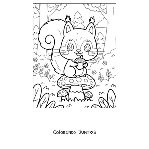 Desenho para colorir de um esquilo sentado num cogumelo com uma bolota