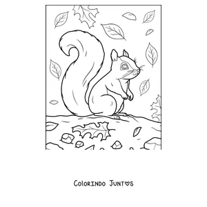 Desenho para colorir de um esquilo entre as folhas de outono
