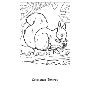 Desenho para colorir de um esquilo procurando nozes no chão