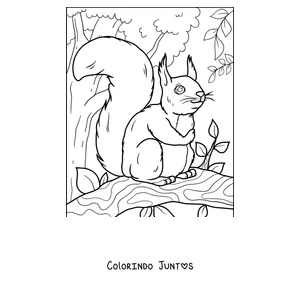 Desenho para colorir de um esquilo sorridente sentado num galho