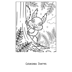 Desenho para colorir de um esquilo subindo no tronco de uma árvore