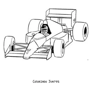 Desenho para colorir de um carro de Fórmula 1 com o piloto sentado no cockpit