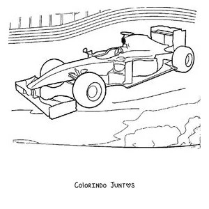 Desenho para colorir de um carro de Fórmula 1 de perfil correndo na pista