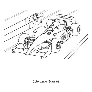 Desenho para colorir de um carro de Fórmula 1 em alta velocidade com linhas de movimento