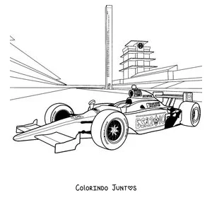 Desenho para colorir de um carro de Fórmula 1 correndo no circuito diante das arquibancadas