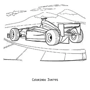 Desenho para colorir de um carro de Fórmula 1 visto de trás com a paisagem do circuito