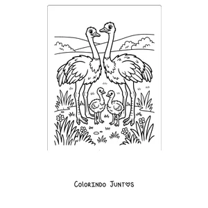 Desenho para colorir de uma família de avestruzes com os filhotes