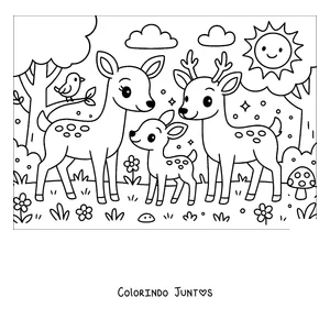 Desenho para colorir de uma família de cervos na floresta