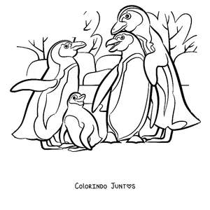 Desenho para colorir de uma família de pinguins com o filhote