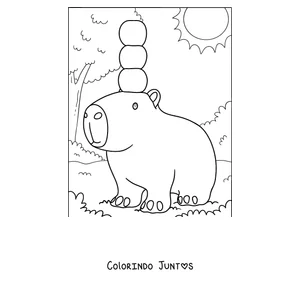 Desenho para colorir de um filhote de capivara com maçãs na cabeça
