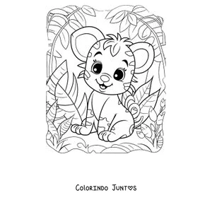 Desenho para colorir de um filhote de tigre sorridente sentado na selva